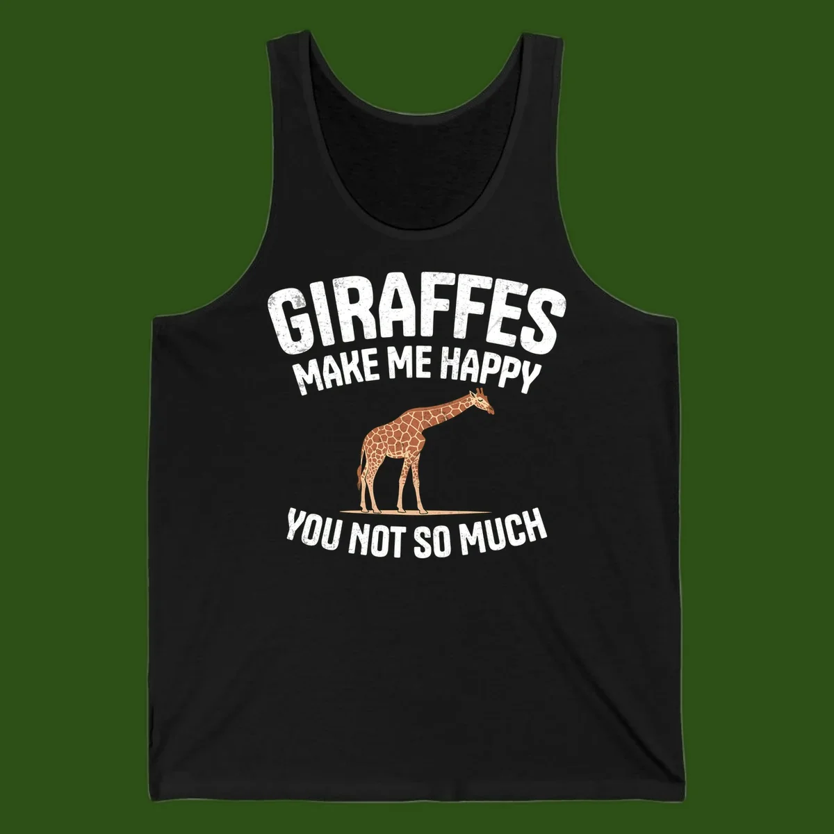 Giraffe make me happy design with distressed white text on gray background, humorous introvert-themed illustration
