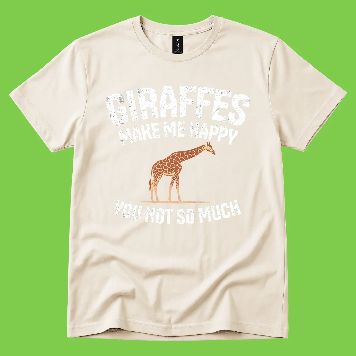 Giraffe make me happy design with distressed white text on gray background, humorous introvert-themed illustration
