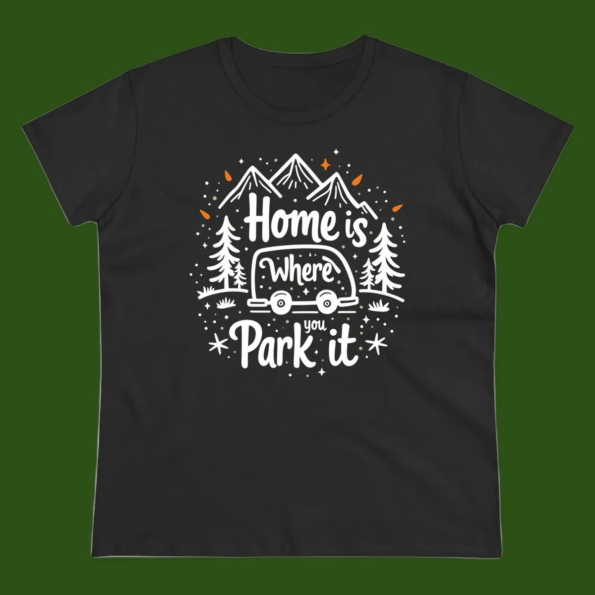 Illustrated winter camping scene with travel trailer, mountains, trees, and snowflakes with text 'Home is Where you Park it'