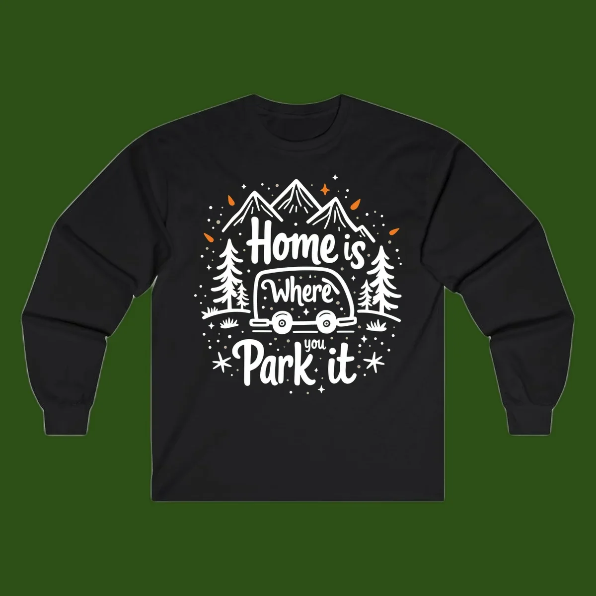 Illustrated winter camping scene with travel trailer, mountains, trees, and snowflakes with text 'Home is Where you Park it'