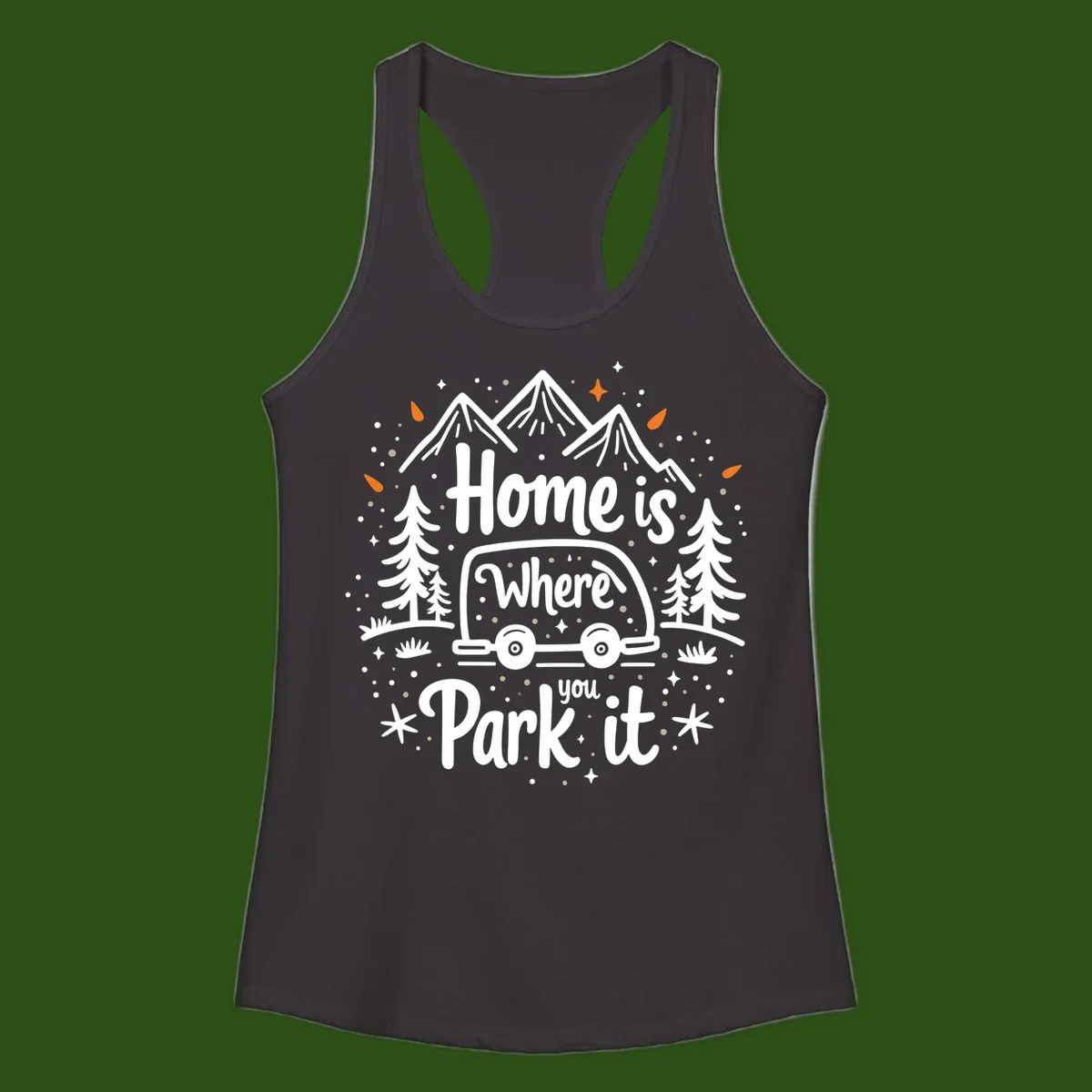 Illustrated winter camping scene with travel trailer, mountains, trees, and snowflakes with text 'Home is Where you Park it'