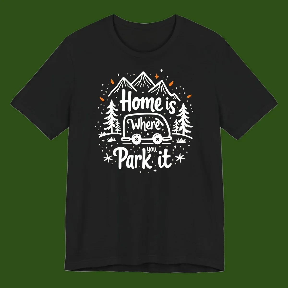 Illustrated winter camping scene with travel trailer, mountains, trees, and snowflakes with text 'Home is Where you Park it'