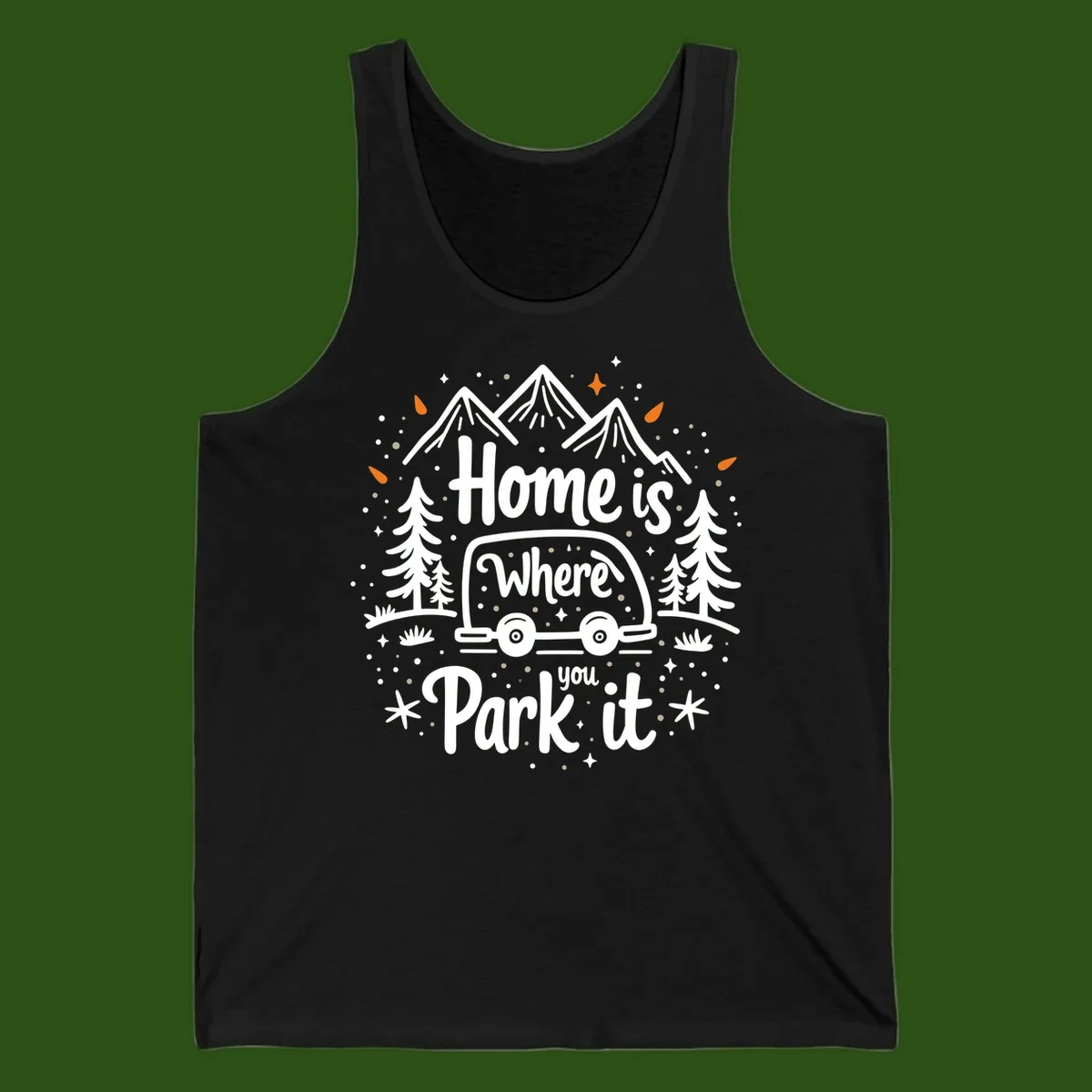 Illustrated winter camping scene with travel trailer, mountains, trees, and snowflakes with text 'Home is Where you Park it'