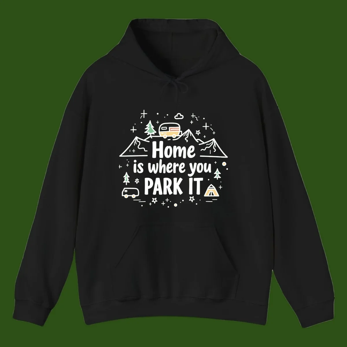 Illustrated design with vintage travel trailer parked on mountain road, evergreen trees, tent, and text reading 'Home is where you park it' on gray background.