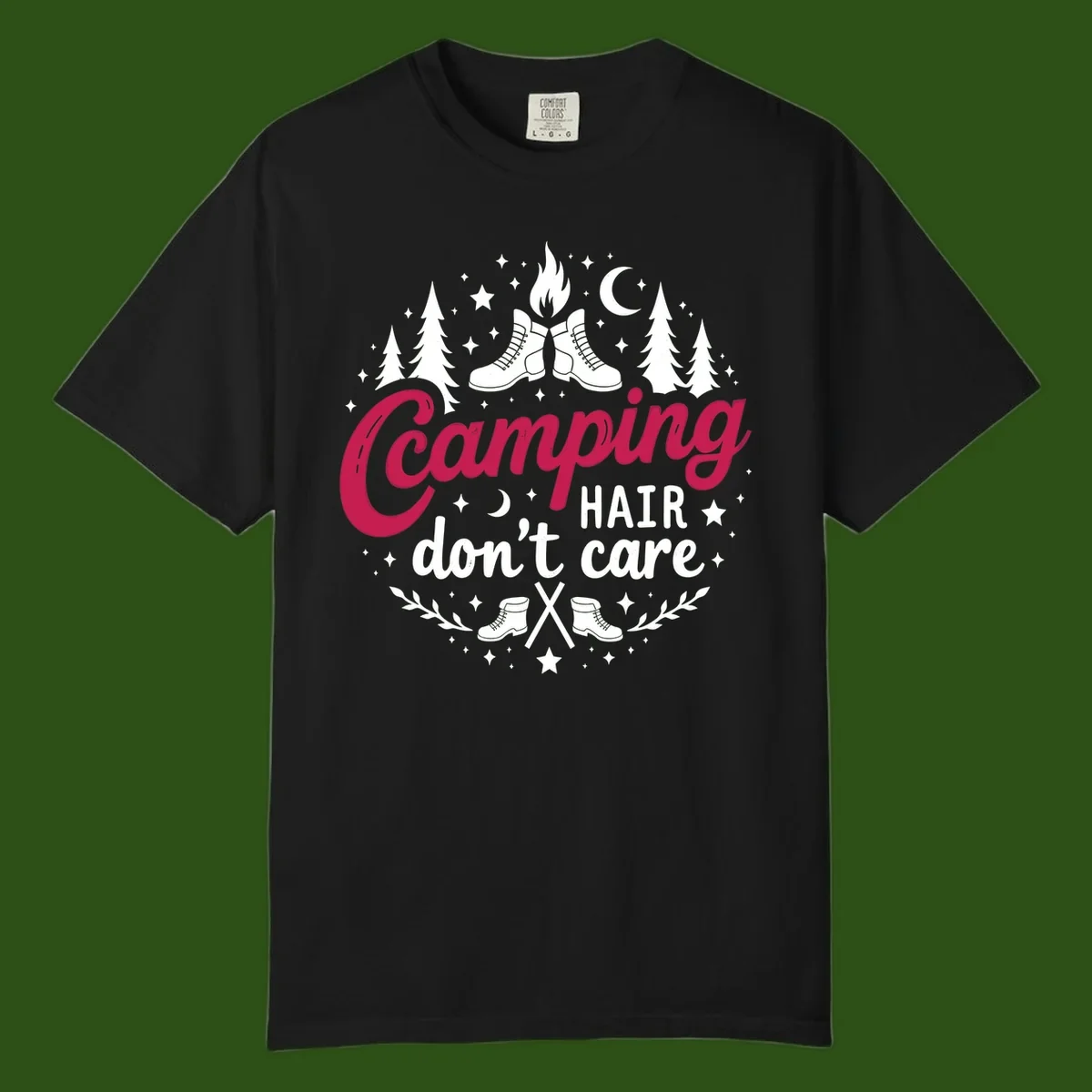 Camping hair don't care design with hiking boots, campfire, trees, moon and stars on gray background