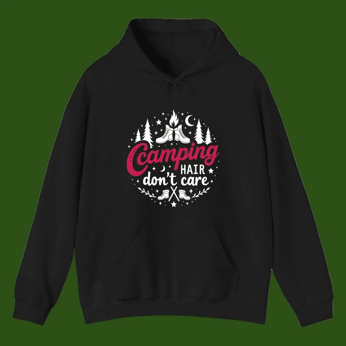Camping hair don't care design with hiking boots, campfire, trees, moon and stars on gray background