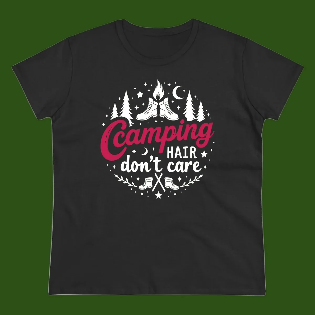 Camping hair don't care design with hiking boots, campfire, trees, moon and stars on gray background