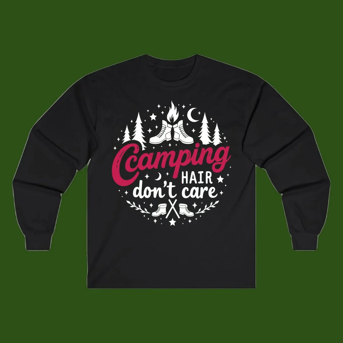Camping hair don't care design with hiking boots, campfire, trees, moon and stars on gray background