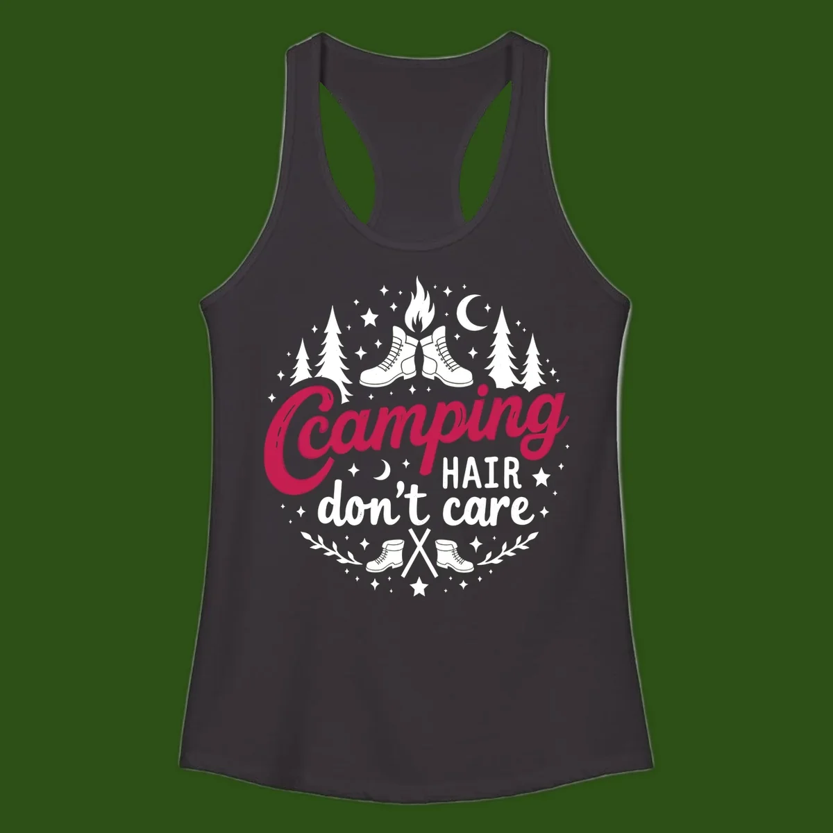 Camping hair don't care design with hiking boots, campfire, trees, moon and stars on gray background