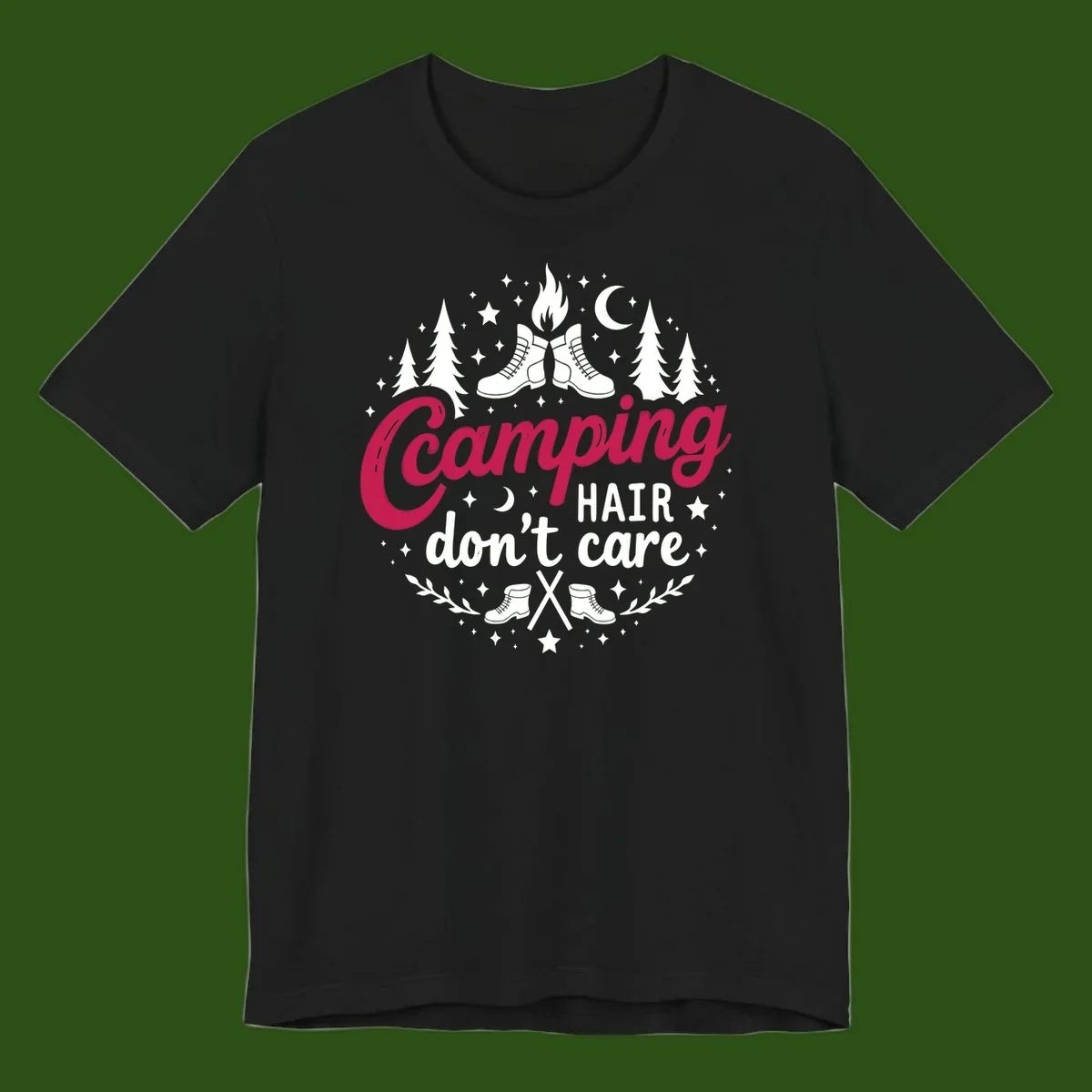 Camping hair don't care design with hiking boots, campfire, trees, moon and stars on gray background