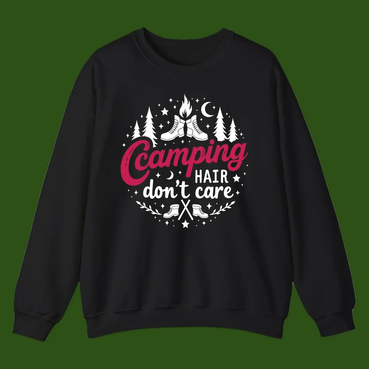 Camping hair don't care design with hiking boots, campfire, trees, moon and stars on gray background