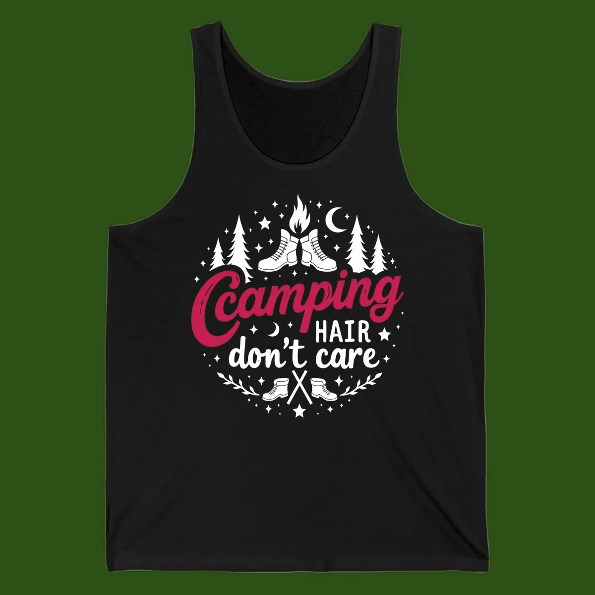 Camping hair don't care design with hiking boots, campfire, trees, moon and stars on gray background