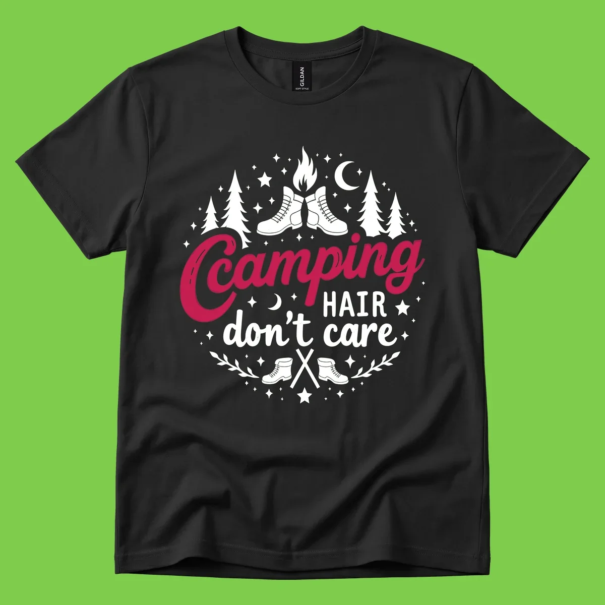 Camping hair don't care design with hiking boots, campfire, trees, moon and stars on gray background