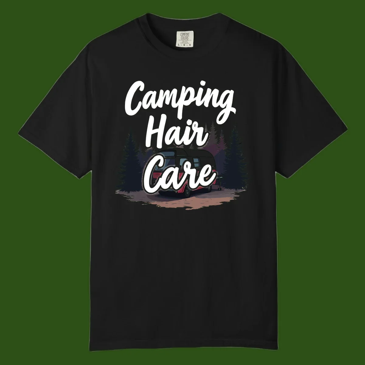 Retro red and gray vintage travel trailer surrounded by tall evergreen trees with white script text reading 'Camping Hair Care'