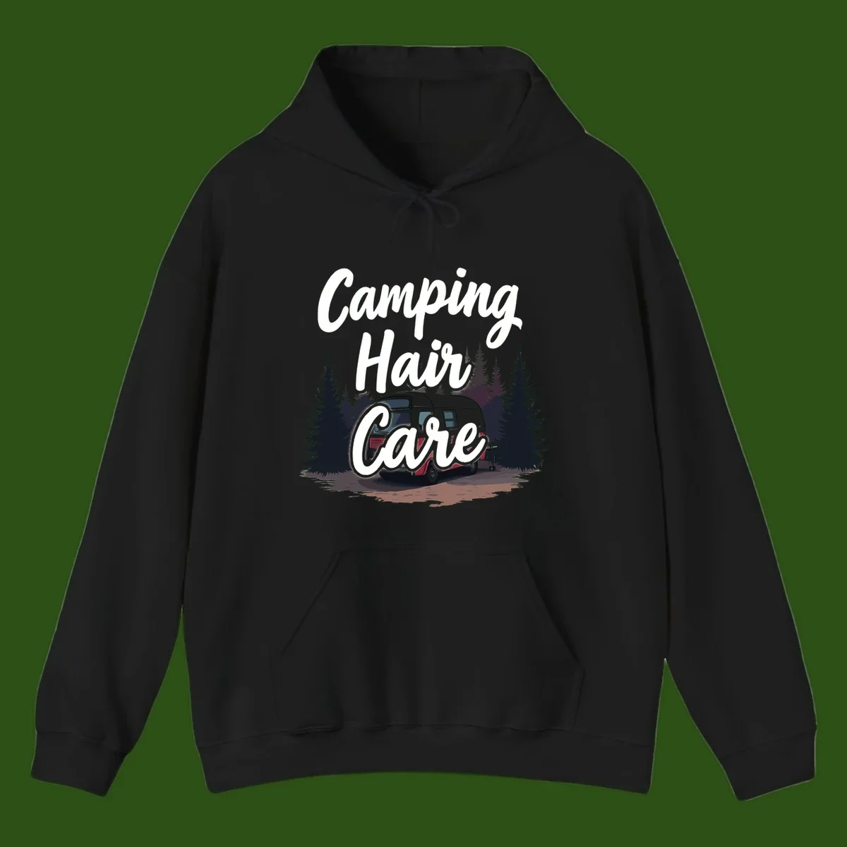 Retro red and gray vintage travel trailer surrounded by tall evergreen trees with white script text reading 'Camping Hair Care'