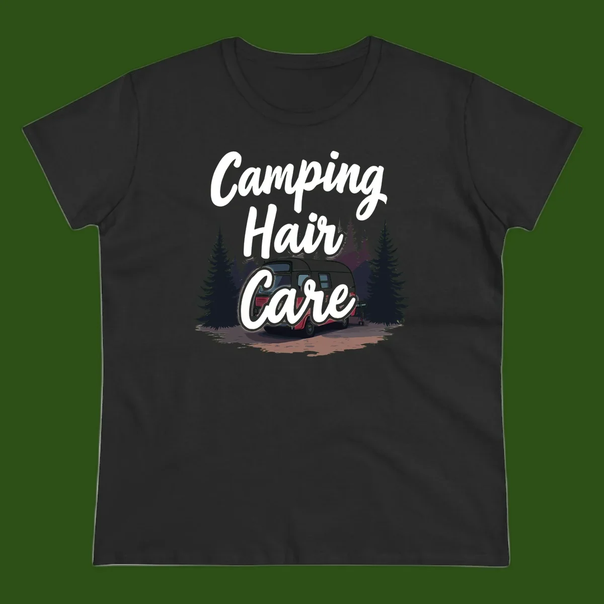 Retro red and gray vintage travel trailer surrounded by tall evergreen trees with white script text reading 'Camping Hair Care'