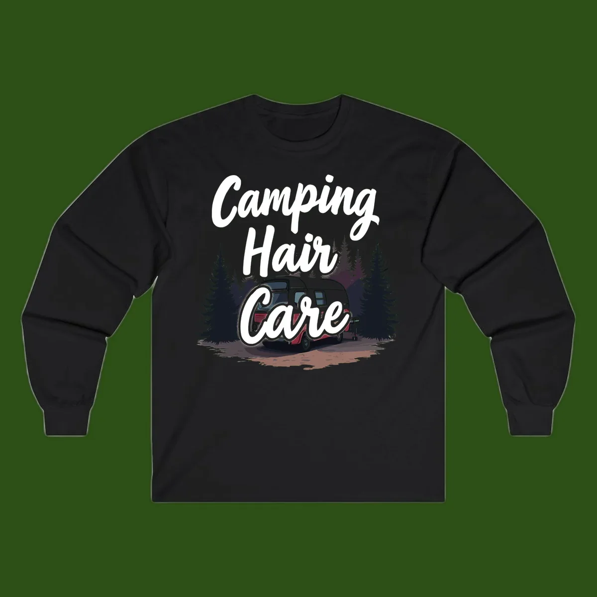 Retro red and gray vintage travel trailer surrounded by tall evergreen trees with white script text reading 'Camping Hair Care'