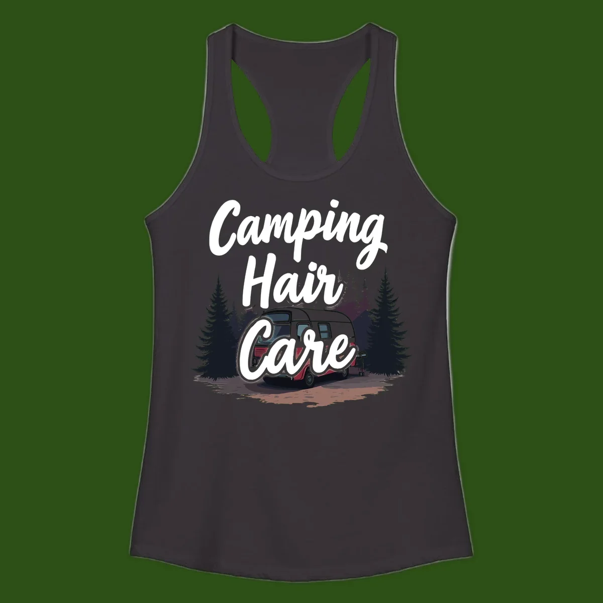 Retro red and gray vintage travel trailer surrounded by tall evergreen trees with white script text reading 'Camping Hair Care'