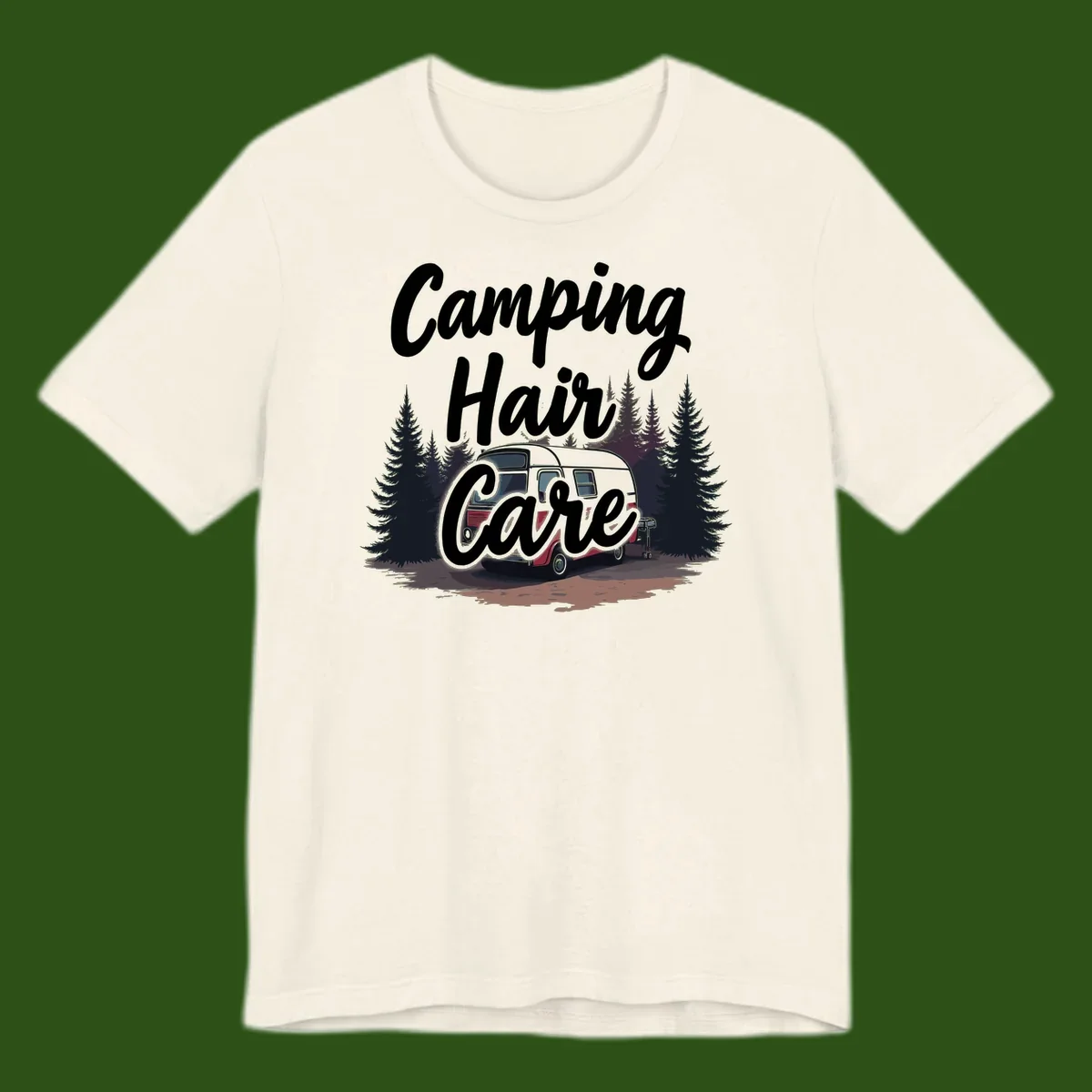 Retro red and gray vintage travel trailer surrounded by tall evergreen trees with white script text reading 'Camping Hair Care'