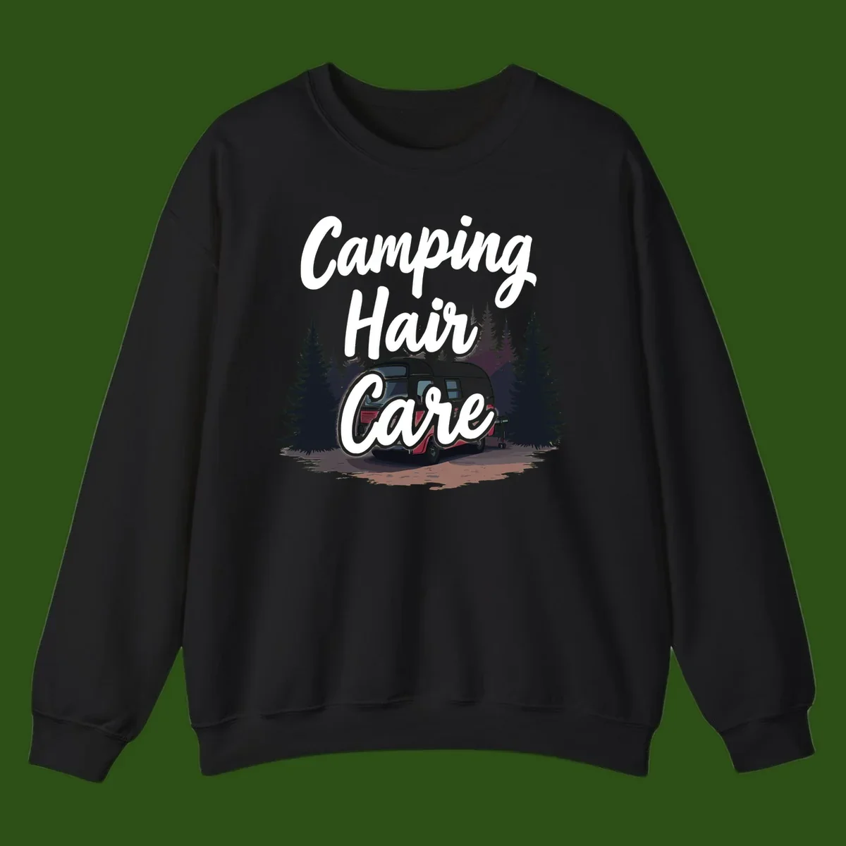 Retro red and gray vintage travel trailer surrounded by tall evergreen trees with white script text reading 'Camping Hair Care'