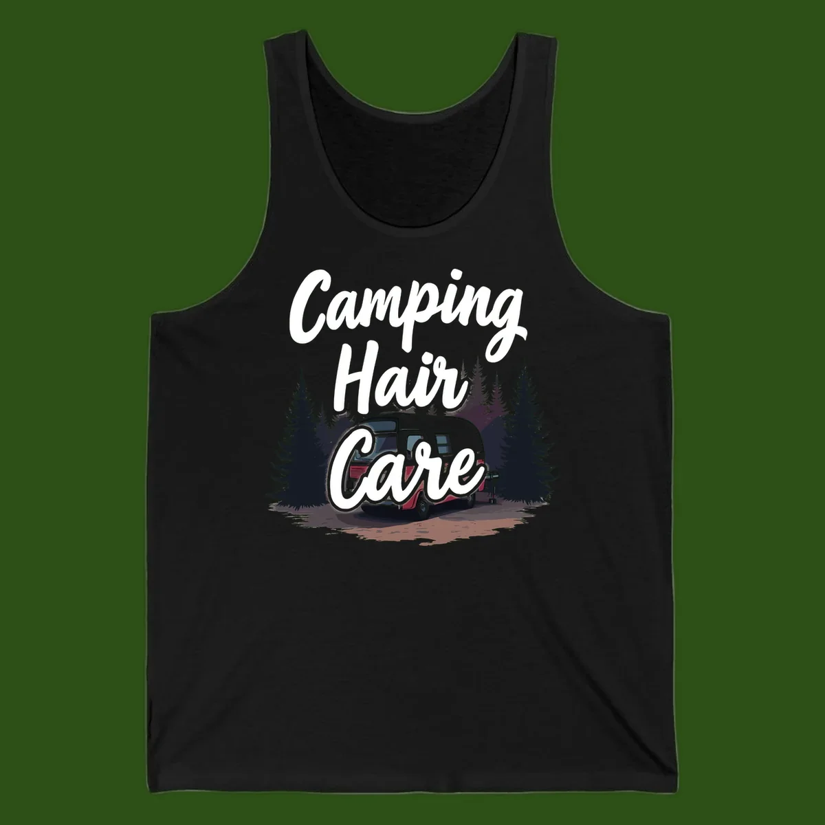 Retro red and gray vintage travel trailer surrounded by tall evergreen trees with white script text reading 'Camping Hair Care'
