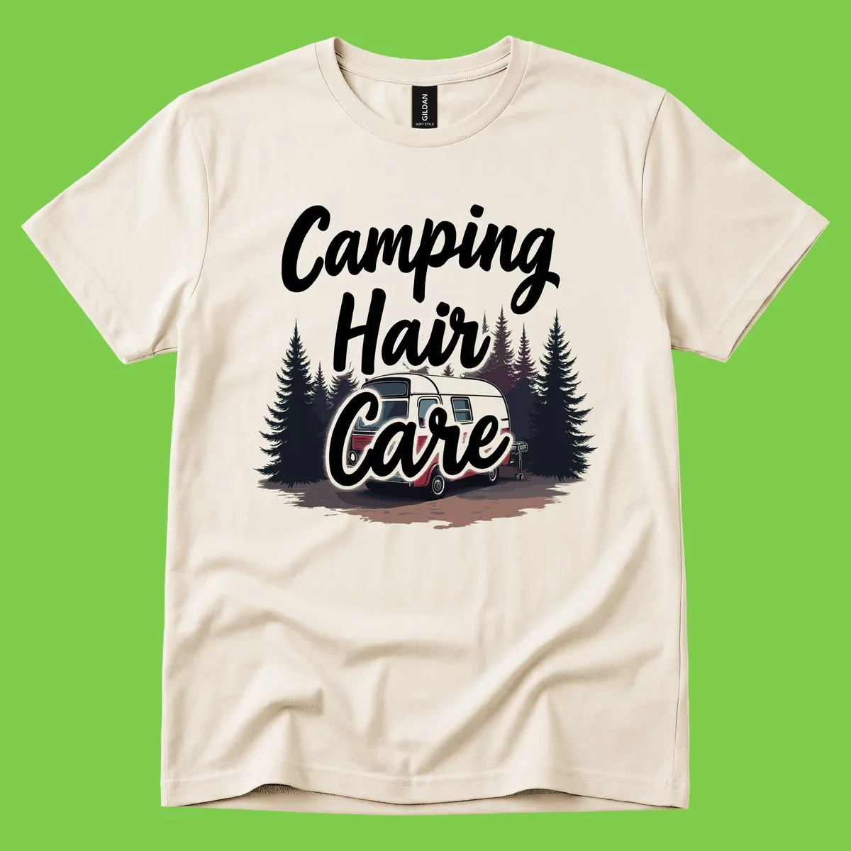 Retro red and gray vintage travel trailer surrounded by tall evergreen trees with white script text reading 'Camping Hair Care'