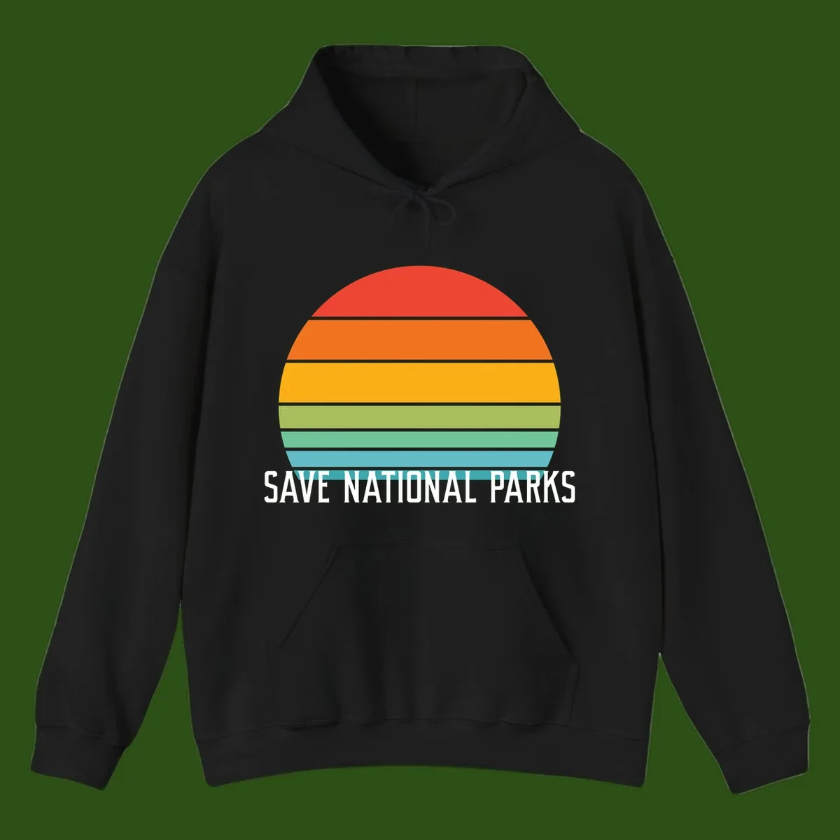 Retro layered sunset design with save national parks text in white, featuring horizontal color bands in red, orange, yellow, green, and blue.