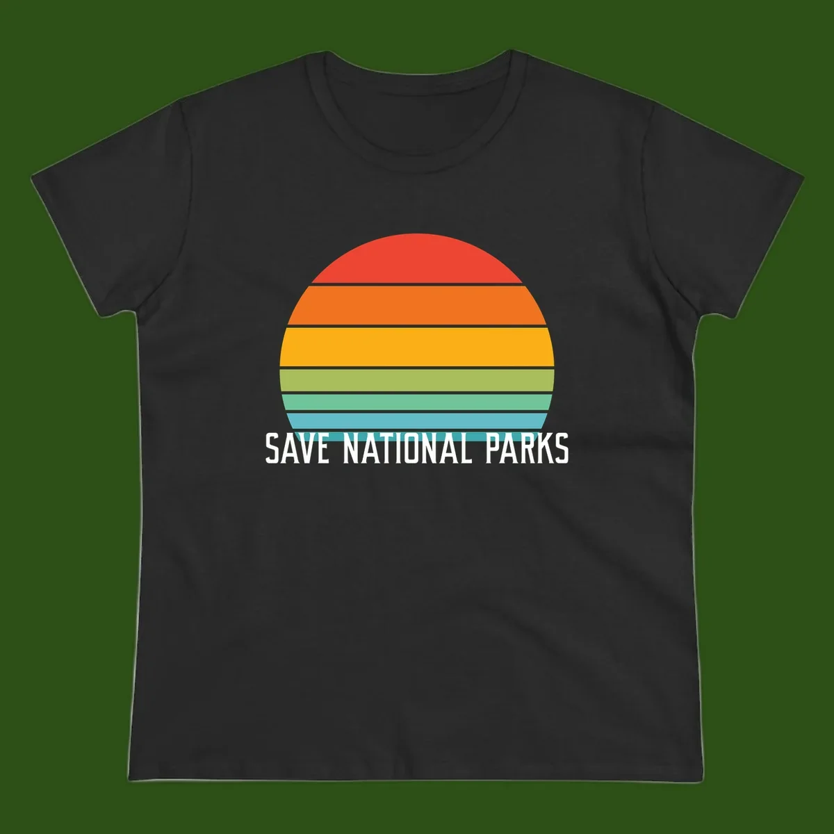 Retro layered sunset design with save national parks text in white, featuring horizontal color bands in red, orange, yellow, green, and blue.