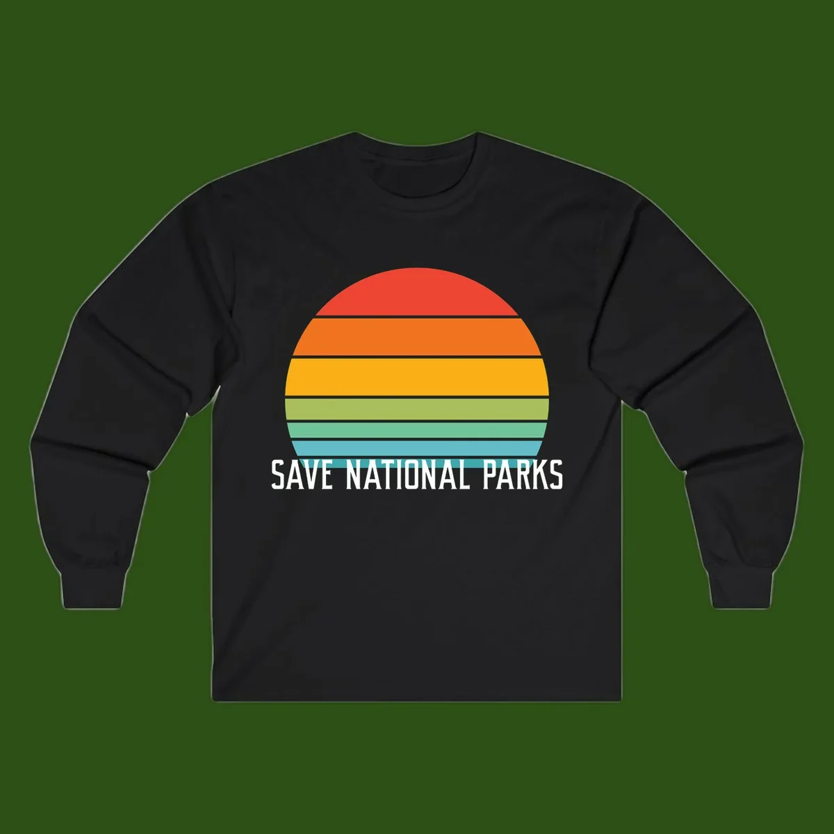Retro layered sunset design with save national parks text in white, featuring horizontal color bands in red, orange, yellow, green, and blue.