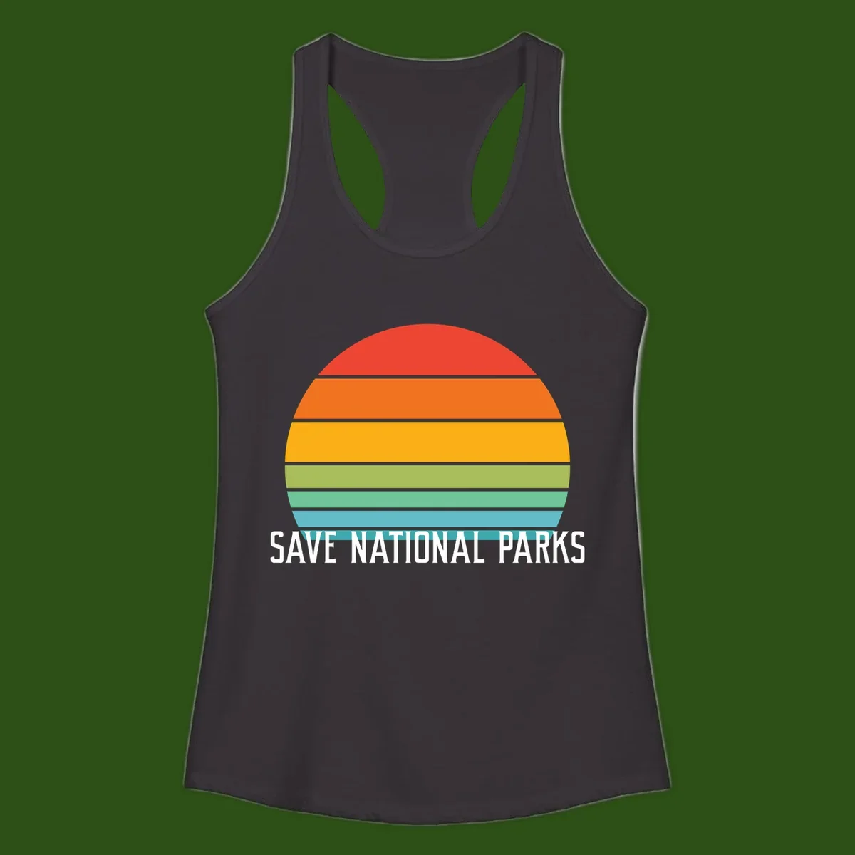 Retro layered sunset design with save national parks text in white, featuring horizontal color bands in red, orange, yellow, green, and blue.