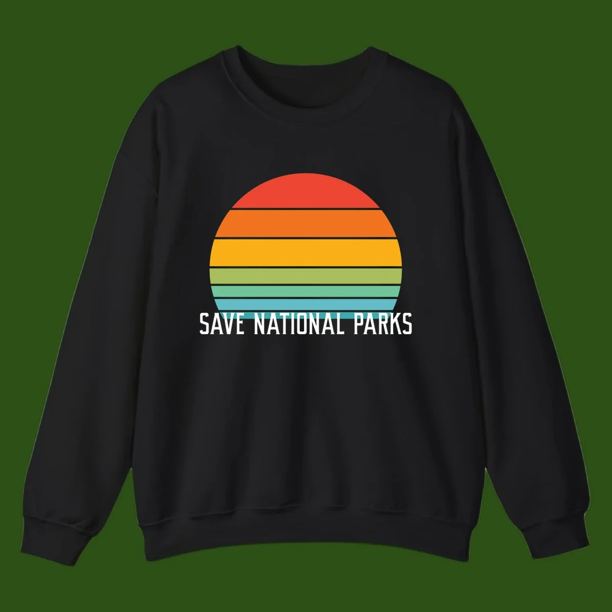 Retro layered sunset design with save national parks text in white, featuring horizontal color bands in red, orange, yellow, green, and blue.