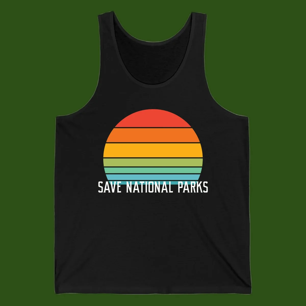 Retro layered sunset design with save national parks text in white, featuring horizontal color bands in red, orange, yellow, green, and blue.
