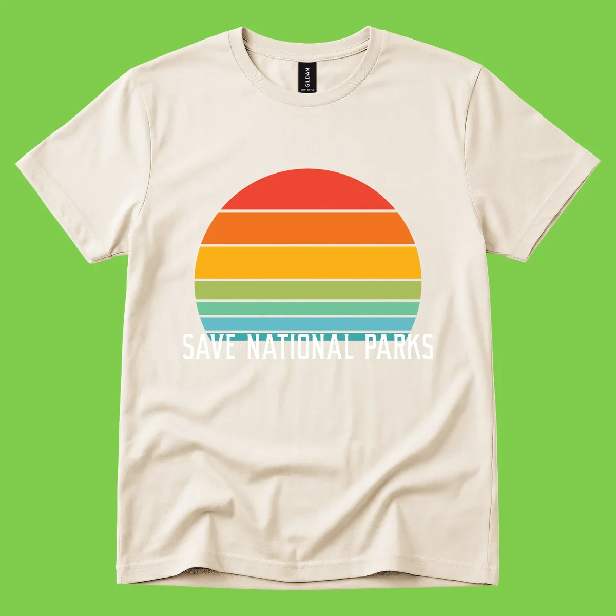 Retro layered sunset design with save national parks text in white, featuring horizontal color bands in red, orange, yellow, green, and blue.