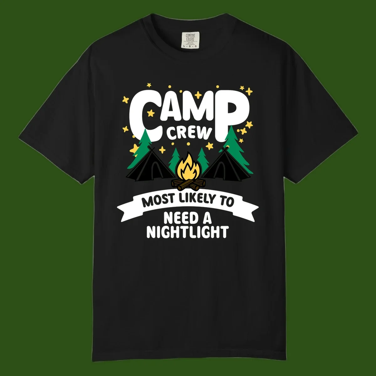 Camp crew campfire design with teepees, trees, and text reading 'Most Likely To Need A Nightlight'