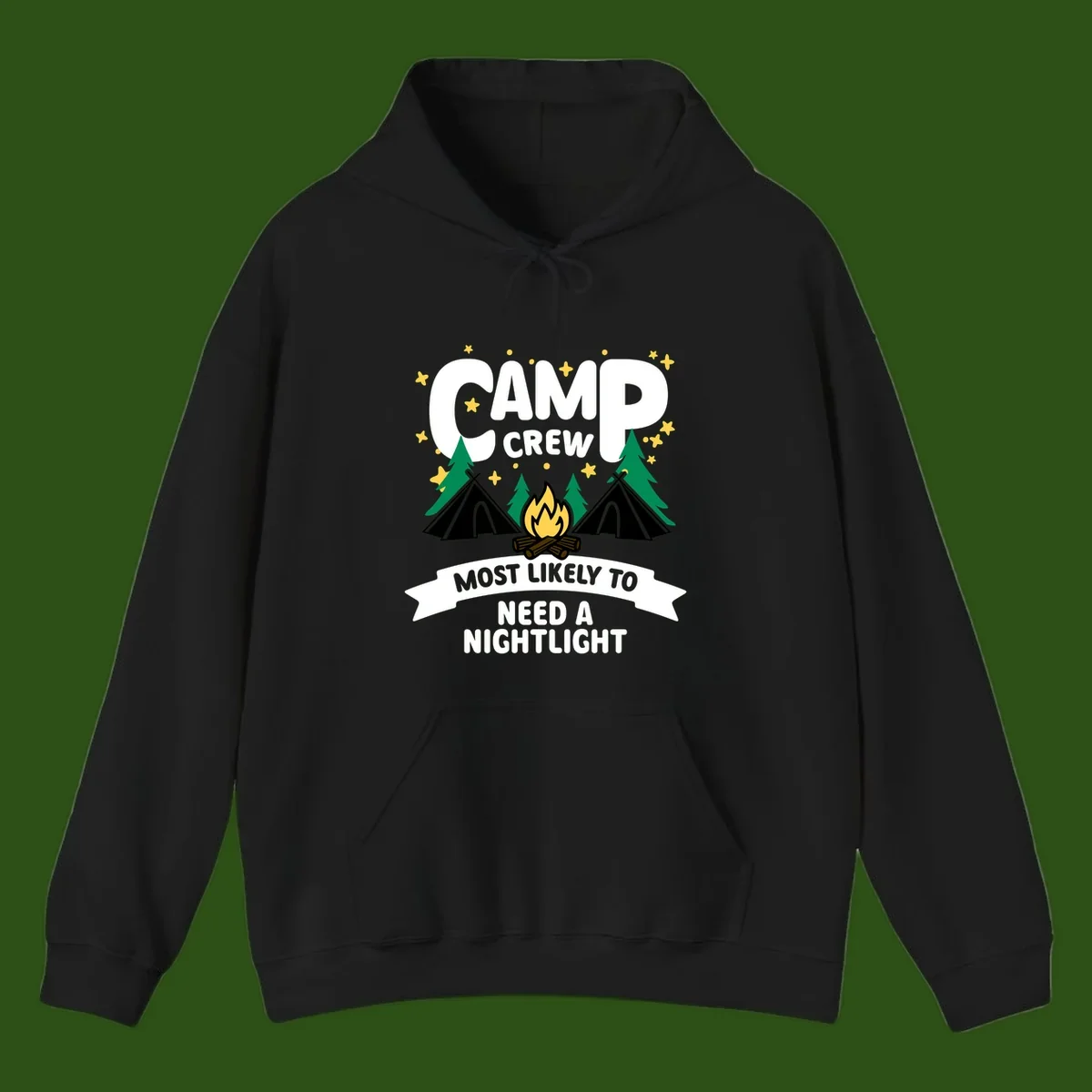 Camp crew campfire design with teepees, trees, and text reading 'Most Likely To Need A Nightlight'