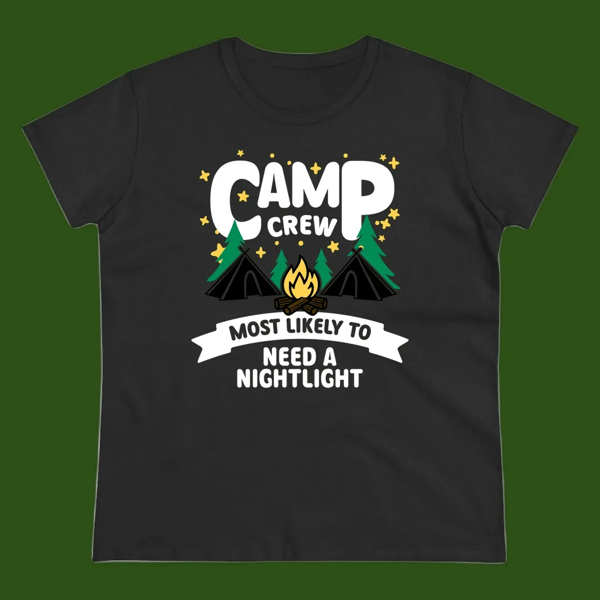 Camp crew campfire design with teepees, trees, and text reading 'Most Likely To Need A Nightlight'