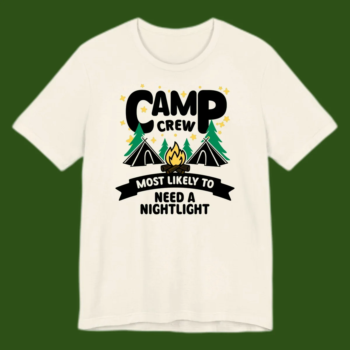 Camp crew campfire design with teepees, trees, and text reading 'Most Likely To Need A Nightlight'