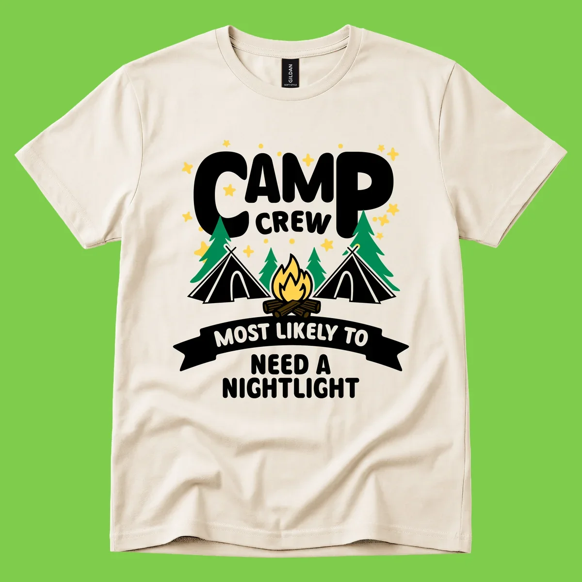 Camp crew campfire design with teepees, trees, and text reading 'Most Likely To Need A Nightlight'