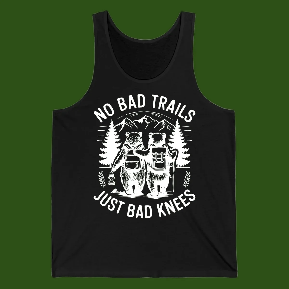 Two cartoon bears with backpacks hiking in mountains with text 'No Bad Trails Just Bad Knees' - humorous outdoor camping design