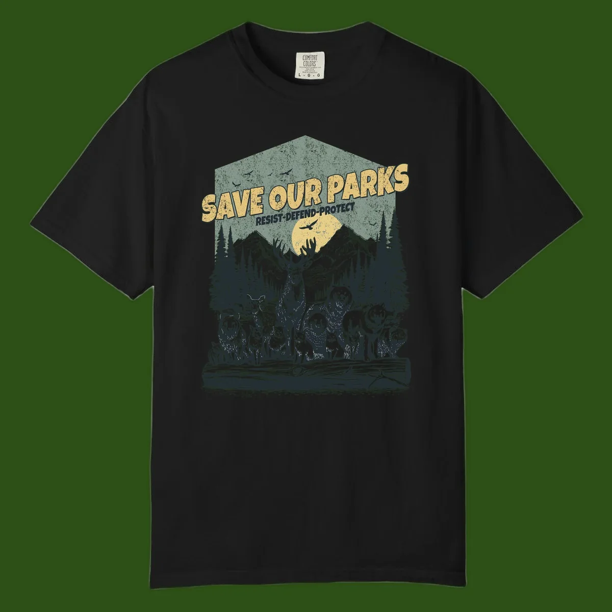 Vintage illustration of elk, bears, wolves and deer gathered in a moonlit forest with mountains, text reads 'Save Our Parks Resist-Defend-Protect'