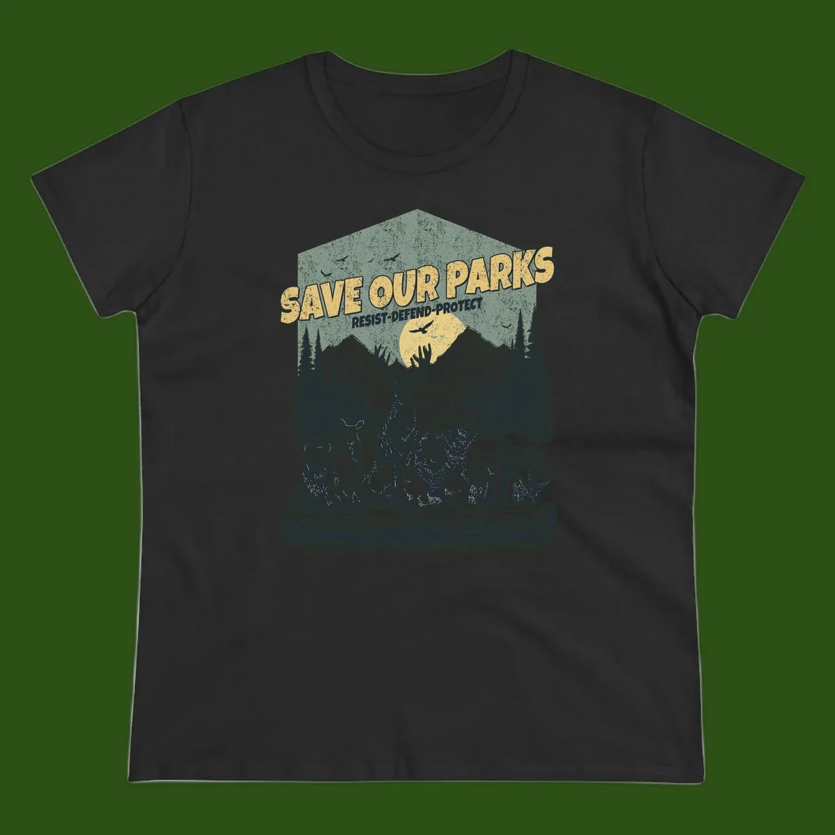 Vintage illustration of elk, bears, wolves and deer gathered in a moonlit forest with mountains, text reads 'Save Our Parks Resist-Defend-Protect'