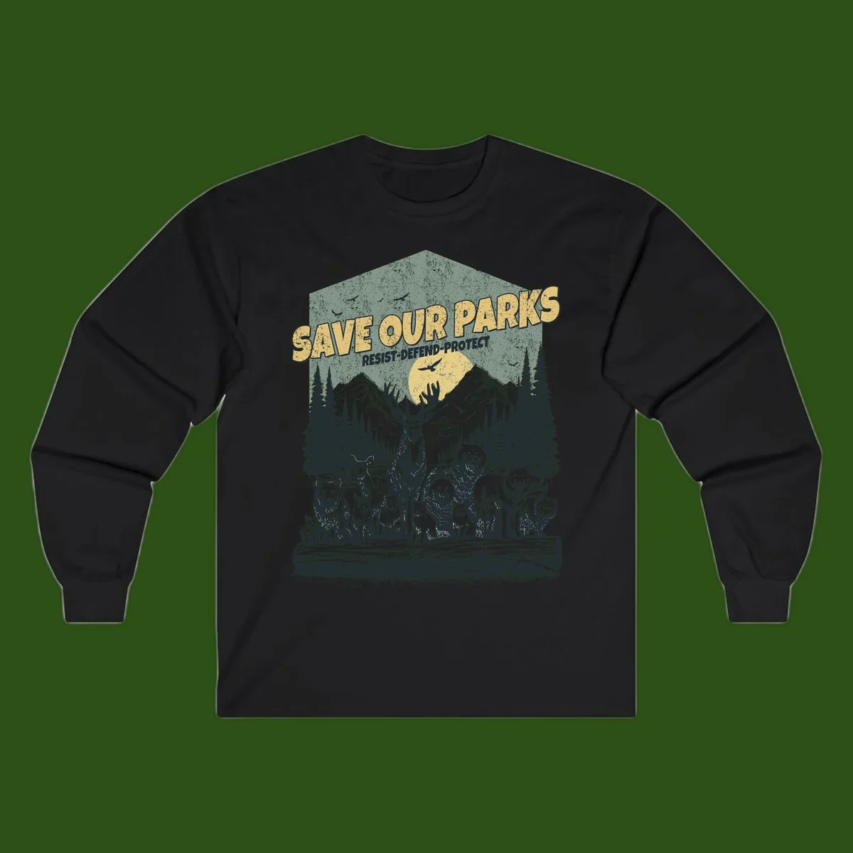 Vintage illustration of elk, bears, wolves and deer gathered in a moonlit forest with mountains, text reads 'Save Our Parks Resist-Defend-Protect'