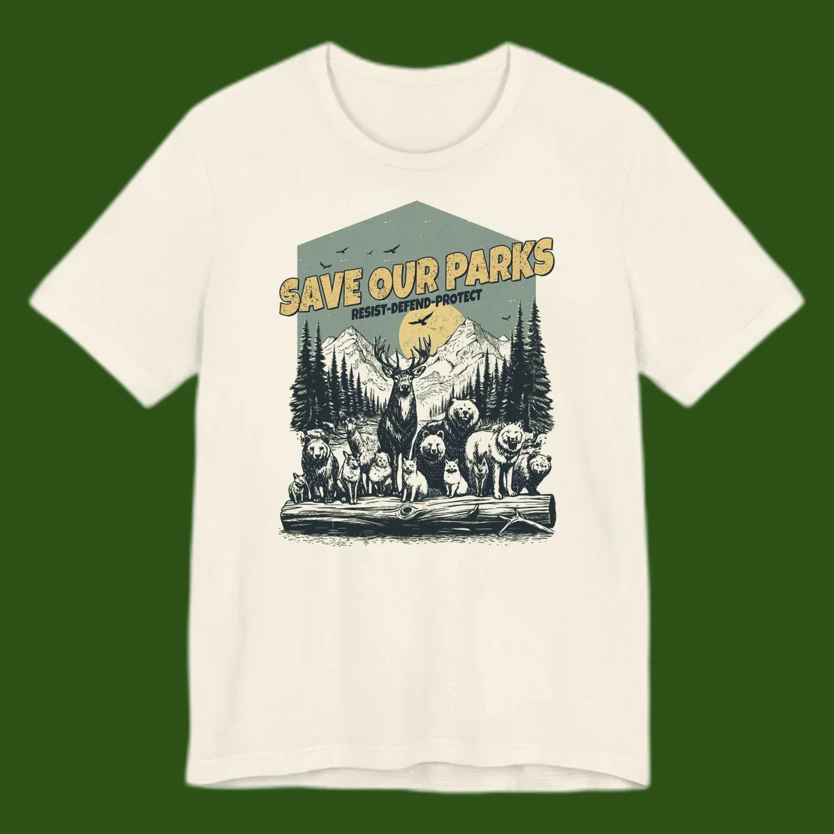 Vintage illustration of elk, bears, wolves and deer gathered in a moonlit forest with mountains, text reads 'Save Our Parks Resist-Defend-Protect'