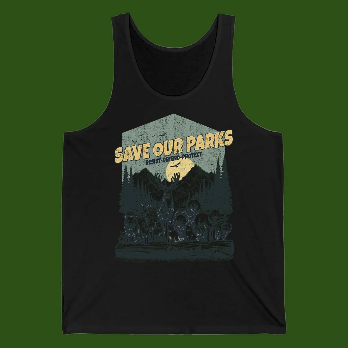 Vintage illustration of elk, bears, wolves and deer gathered in a moonlit forest with mountains, text reads 'Save Our Parks Resist-Defend-Protect'