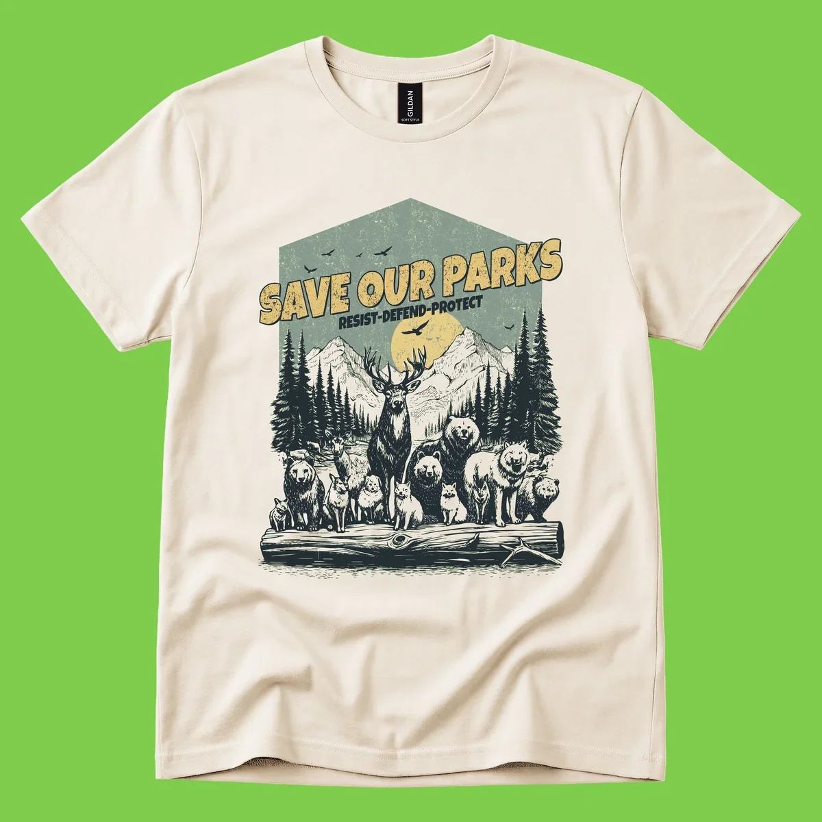 Vintage illustration of elk, bears, wolves and deer gathered in a moonlit forest with mountains, text reads 'Save Our Parks Resist-Defend-Protect'