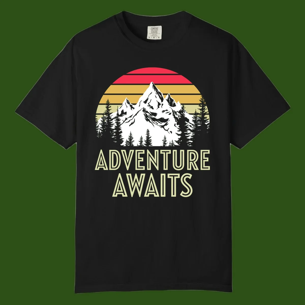 Retro adventure awaits design with snow mountains, evergreen forest, and layered sunset stripes in warm vintage colors