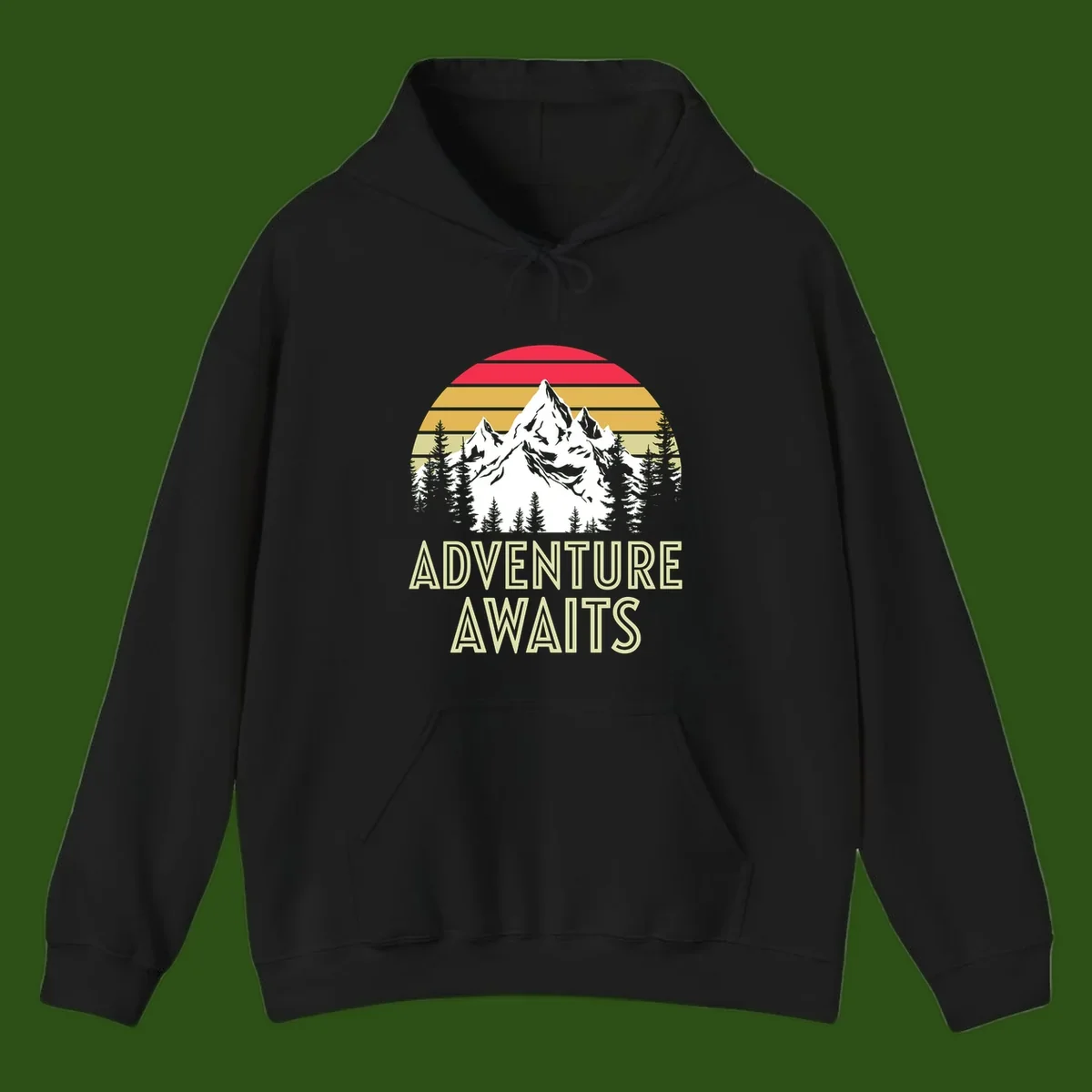 Retro adventure awaits design with snow mountains, evergreen forest, and layered sunset stripes in warm vintage colors