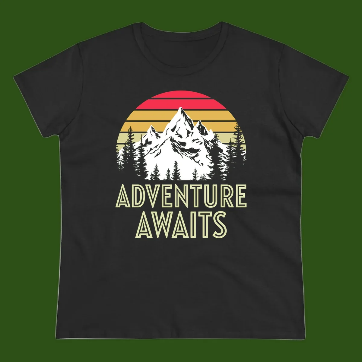 Retro adventure awaits design with snow mountains, evergreen forest, and layered sunset stripes in warm vintage colors