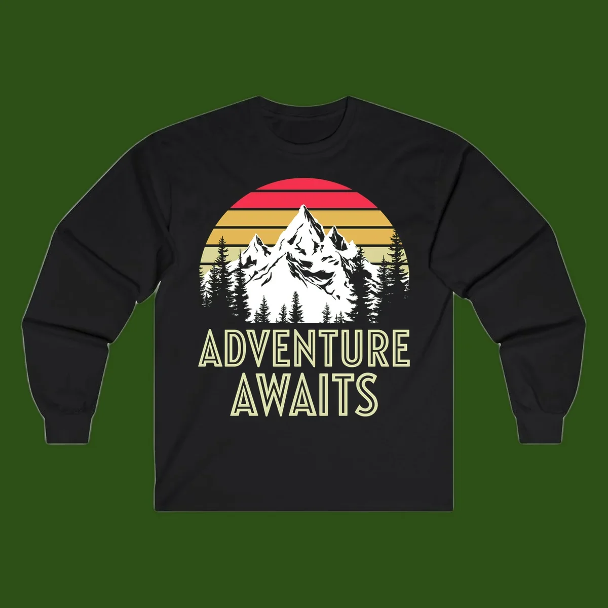 Retro adventure awaits design with snow mountains, evergreen forest, and layered sunset stripes in warm vintage colors