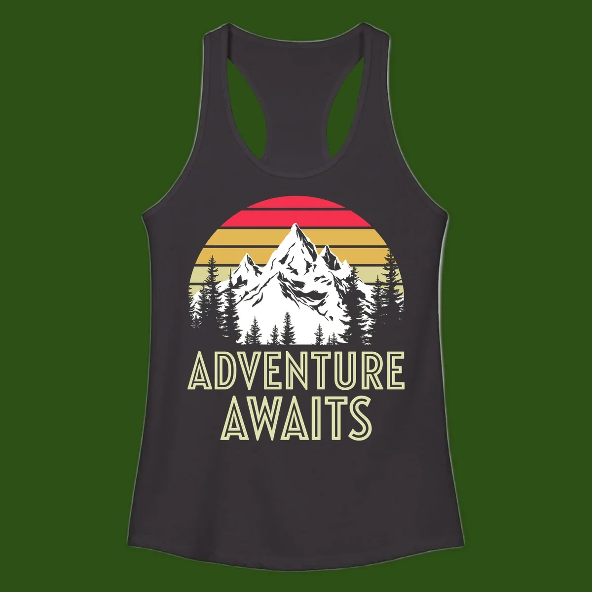 Retro adventure awaits design with snow mountains, evergreen forest, and layered sunset stripes in warm vintage colors